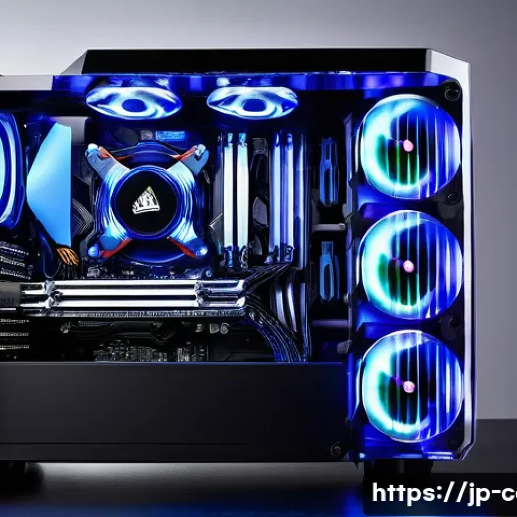 고성능 CPU 쿨러 추천 - **"The Cooling Guardian"**: A sleek, futuristic gaming PC build, seen through a transparent side pan...