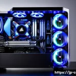 고성능 CPU 쿨러 추천 - **"The Cooling Guardian"**: A sleek, futuristic gaming PC build, seen through a transparent side pan...
