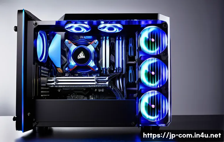 고성능 CPU 쿨러 추천 - **"The Cooling Guardian"**: A sleek, futuristic gaming PC build, seen through a transparent side pan...