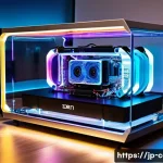 오픈 프레임 PC 케이스의 장단점 - A stunning, ultra-modern open-frame PC case displayed as a centerpiece in a minimalist, high-tech li...