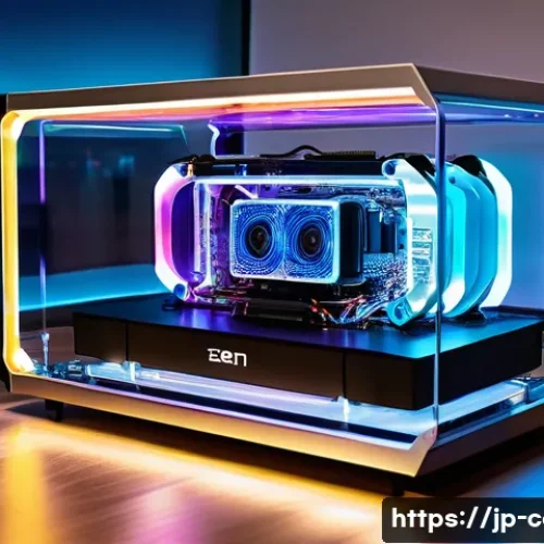 오픈 프레임 PC 케이스의 장단점 - A stunning, ultra-modern open-frame PC case displayed as a centerpiece in a minimalist, high-tech li...