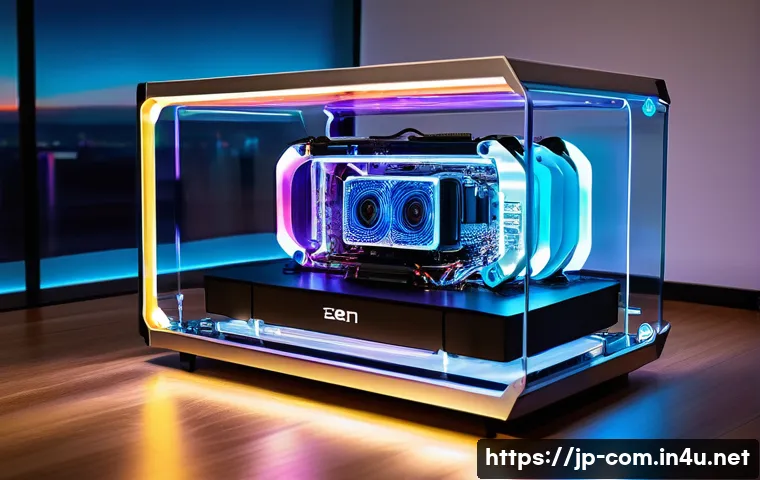 오픈 프레임 PC 케이스의 장단점 - A stunning, ultra-modern open-frame PC case displayed as a centerpiece in a minimalist, high-tech li...