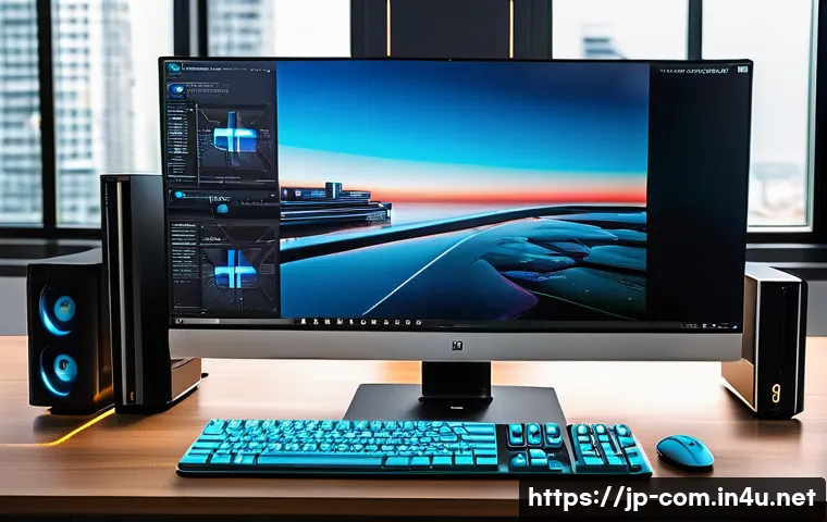 최신 CPU 출시 일정 - A sleek, modern workspace featuring a high-end desktop computer setup with the latest CPU and multip...