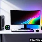RGB PC 구성과 전력 소비 - A sleek gaming PC setup in a dimly lit modern room, featuring vivid RGB lighting with dynamic rainbo...