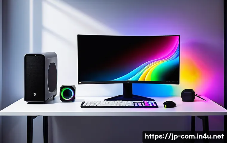 RGB PC 구성과 전력 소비 - A sleek gaming PC setup in a dimly lit modern room, featuring vivid RGB lighting with dynamic rainbo...
