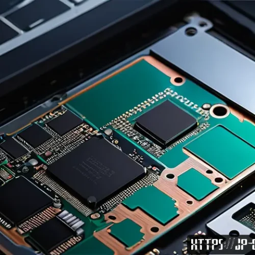 노트북의 SSD 업그레이드 방법 - A detailed close-up image of a modern laptop's internal components focusing on the SSD slot area. Th...