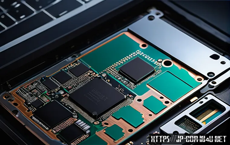 노트북의 SSD 업그레이드 방법 - A detailed close-up image of a modern laptop's internal components focusing on the SSD slot area. Th...
