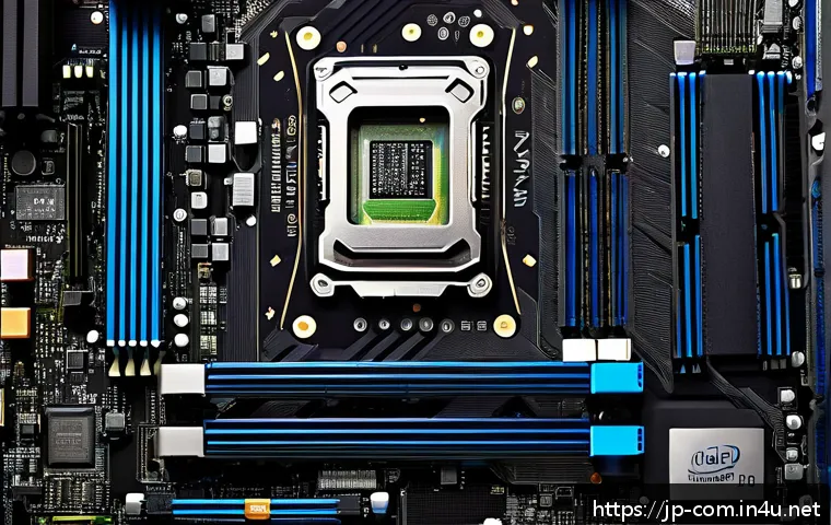 컴퓨터 메인보드 칩셋 종류와 차이점 - A sleek modern computer motherboard with the latest Intel Z790 chipset installed, featuring visible ...