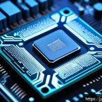 AMD Ryzen과 Intel Core 프로세서 비교 - A highly detailed close-up illustration of a modern CPU chip mounted on a sleek motherboard, showcas...