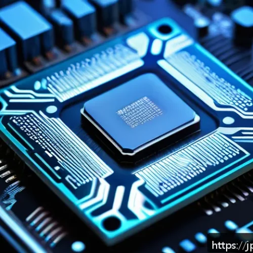 AMD Ryzen과 Intel Core 프로세서 비교 - A highly detailed close-up illustration of a modern CPU chip mounted on a sleek motherboard, showcas...