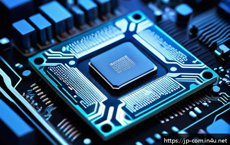 AMD Ryzen과 Intel Core 프로세서 비교 - A highly detailed close-up illustration of a modern CPU chip mounted on a sleek motherboard, showcas...