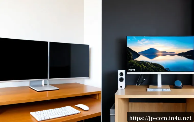 데스크탑 vs 올인원 PC 장단점 - Photorealistic side-by-side home office comparison: a spacious modular desktop tower with separate m...