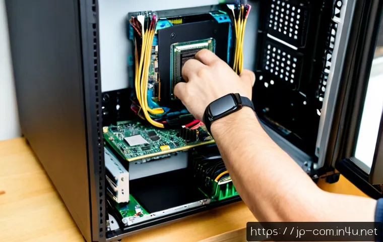 커스텀 PC 조립 방법 - Photorealistic close-up of a careful custom PC assembly on a clean wooden workbench, adult hands wea...